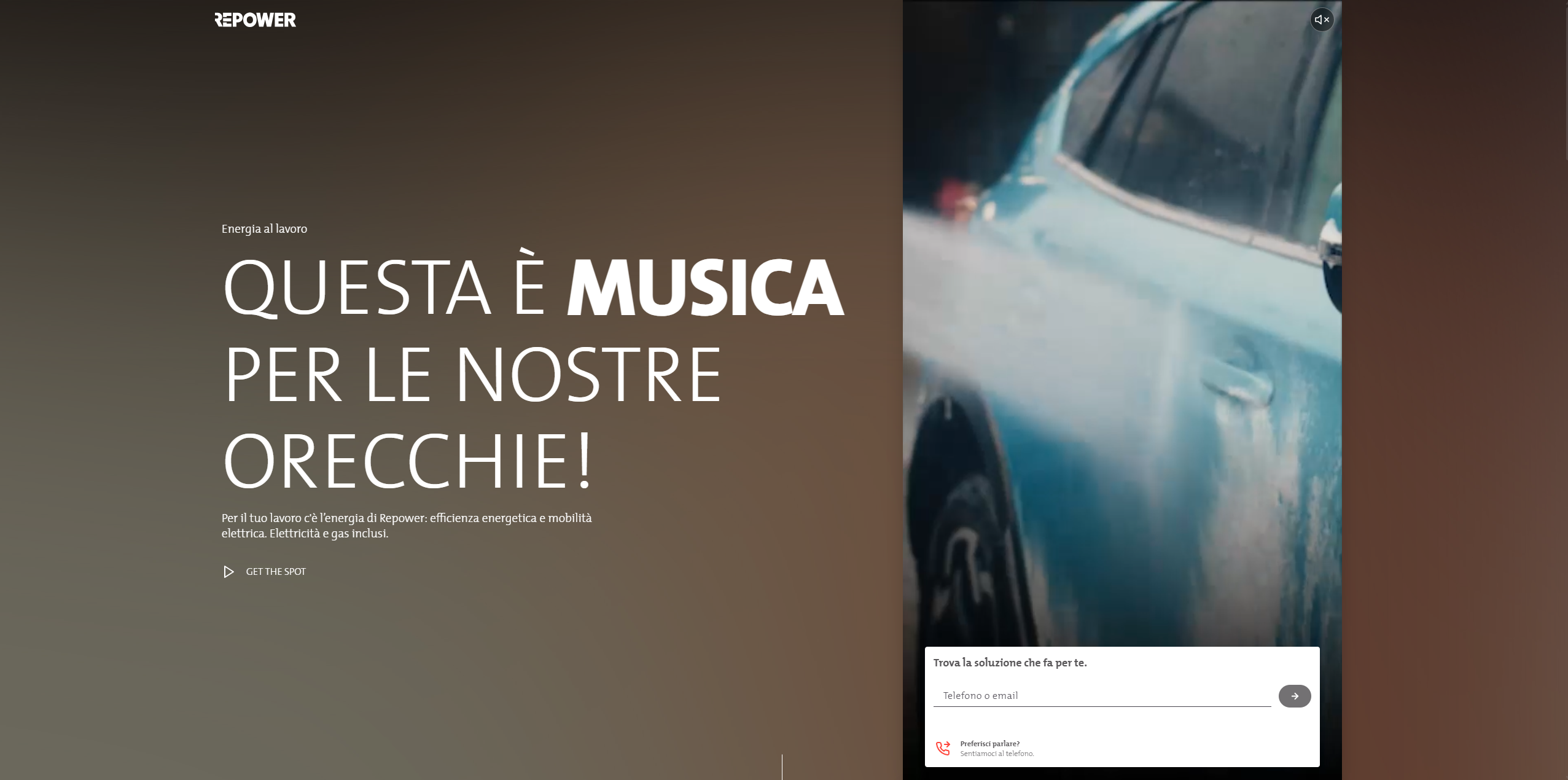 Collage reale della landing Musica per con hero verticale, sezioni editoriali e form lead multi-step.