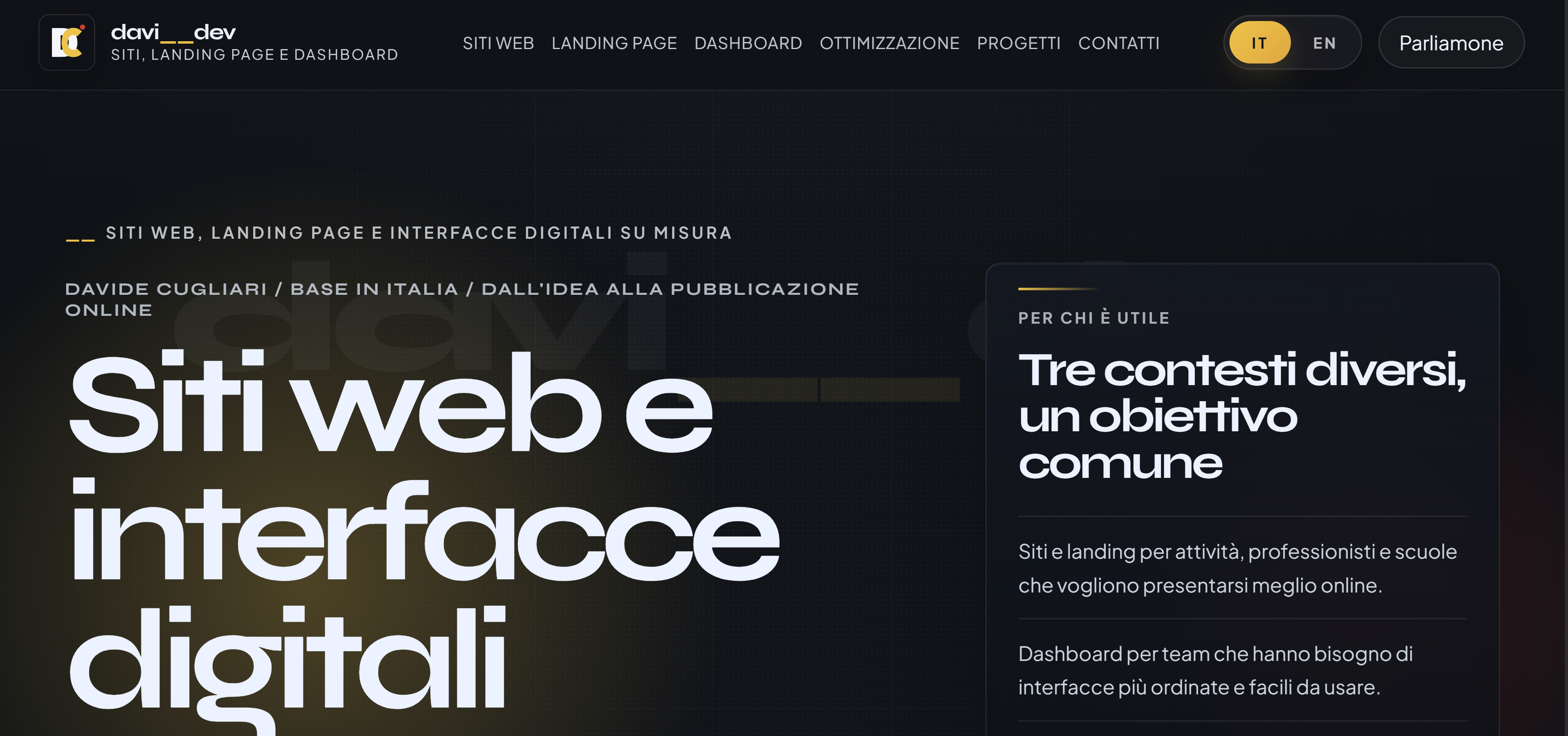 Screenshot reale della hero del portfolio Davide Cugliari.